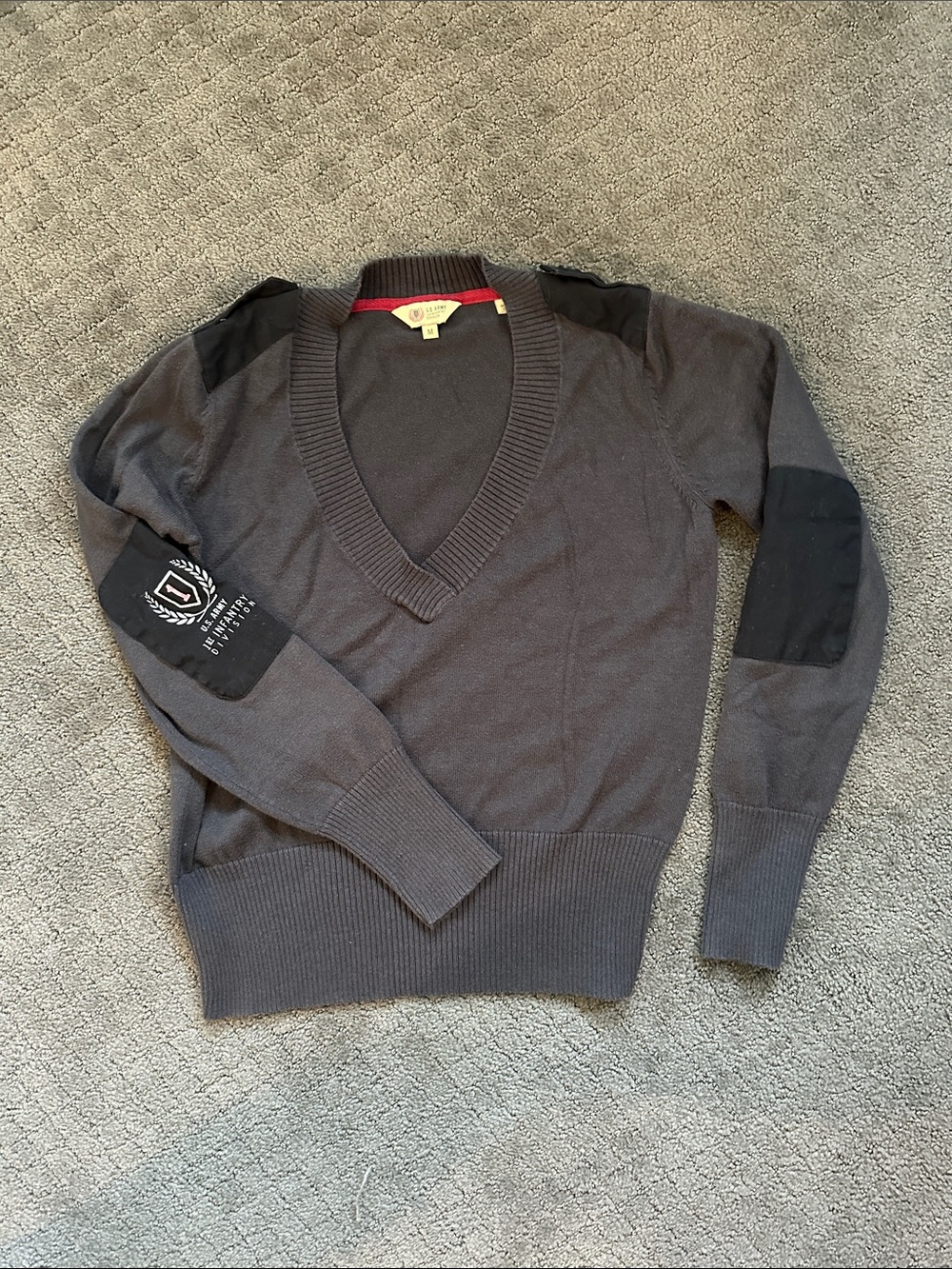 Women’s V-Neck Dark Gray Knit Sweater with Elbow Patches